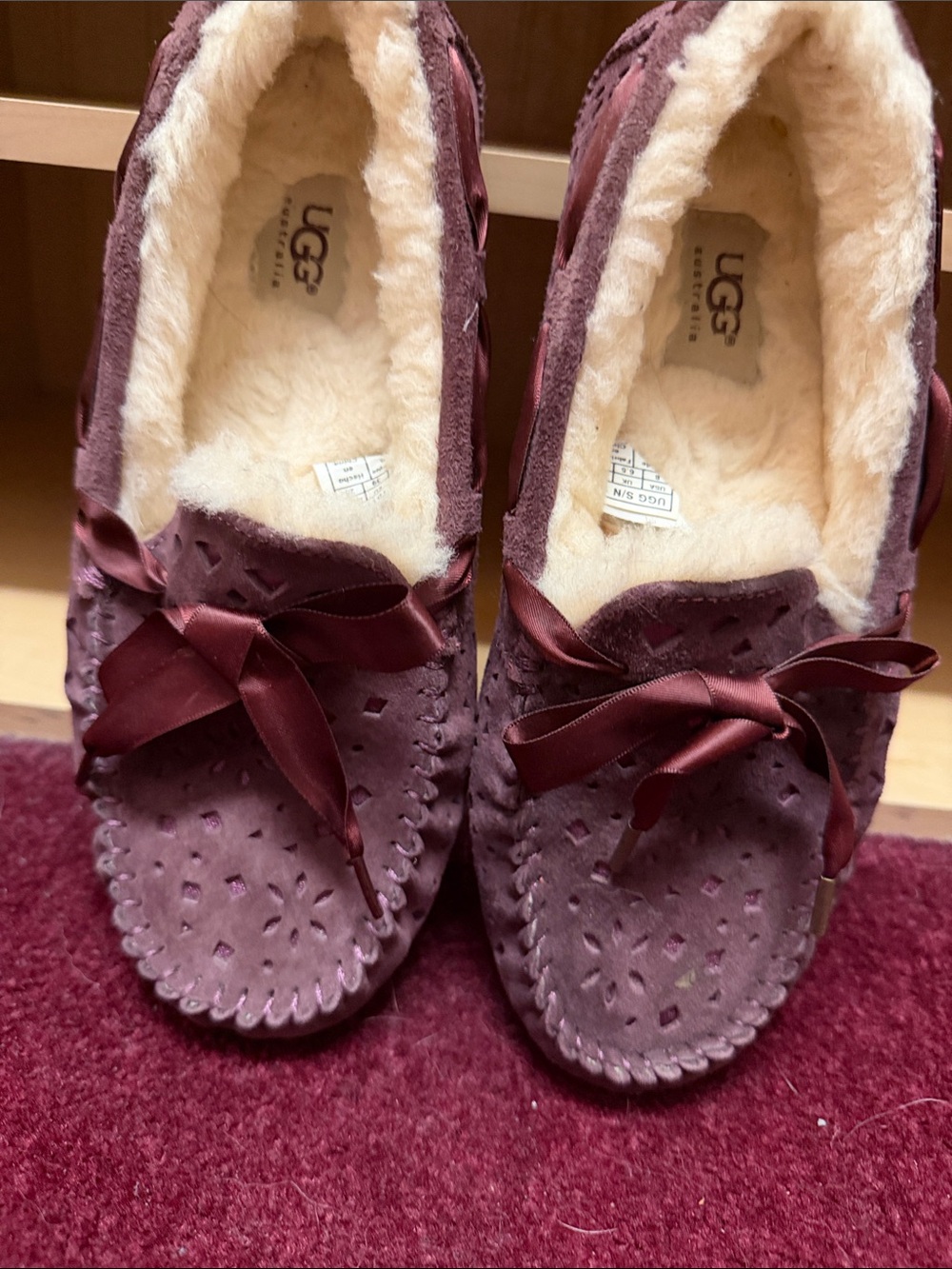 UGG Women's Wine Suede Shearling Moccasins with Satin Bow